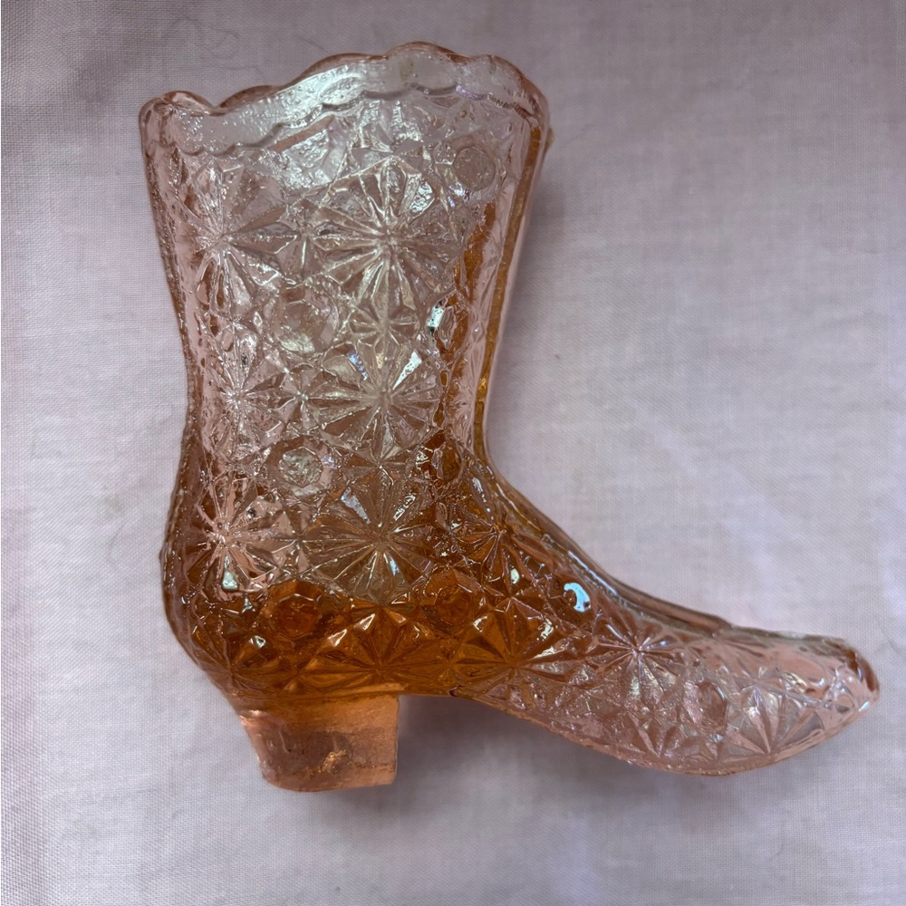 Fenton pink glass Art Boot Intricate Design measures 4x4 1/2 widest point.